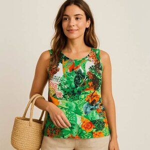 Womens Plus Sz XL Green Glam Abstract Jungle Tank Top W Sparkle Embellishment